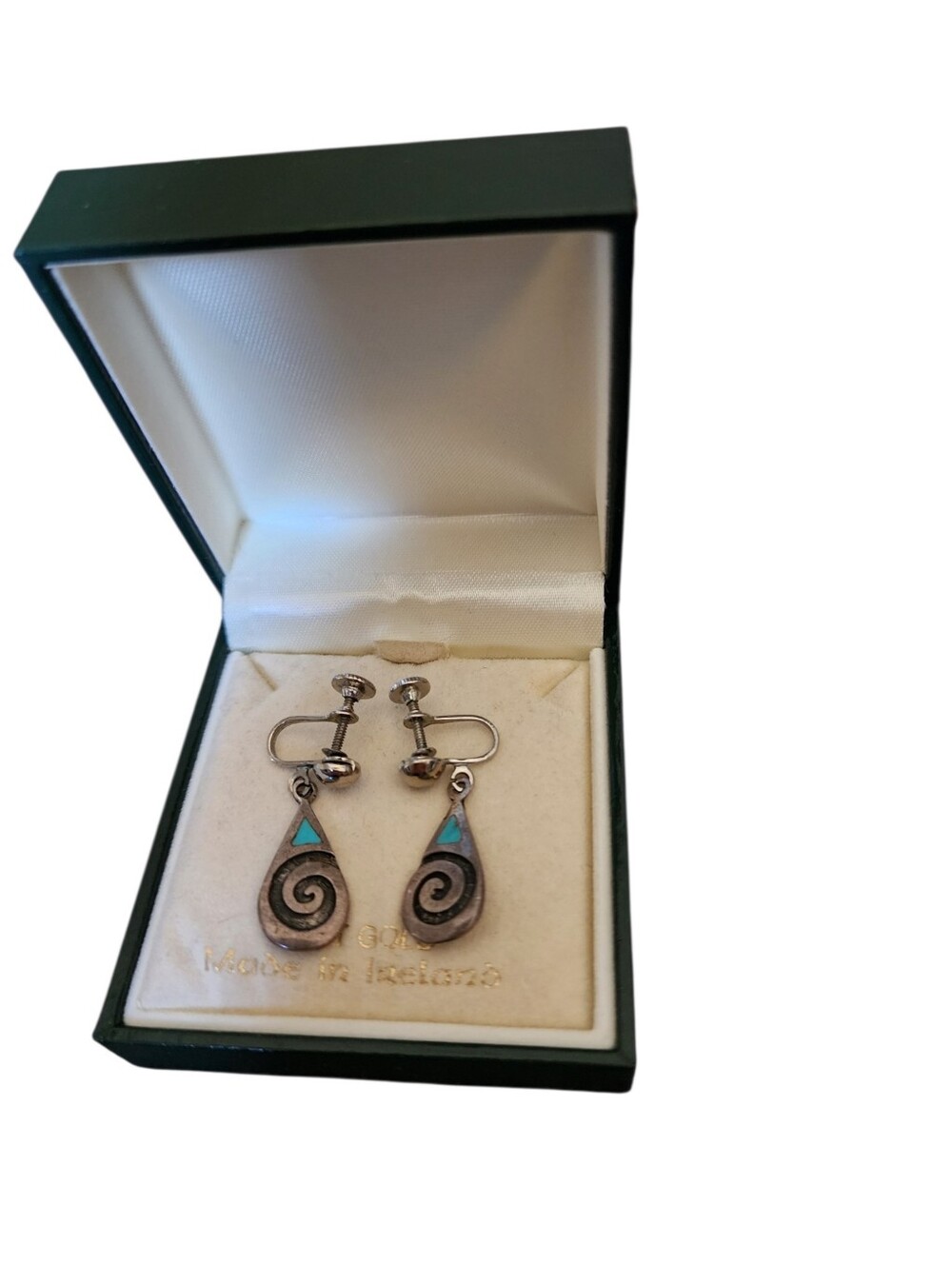 Vintage Artisan Silver Turquoise Geometric Spiral Drop Screwback Earrings